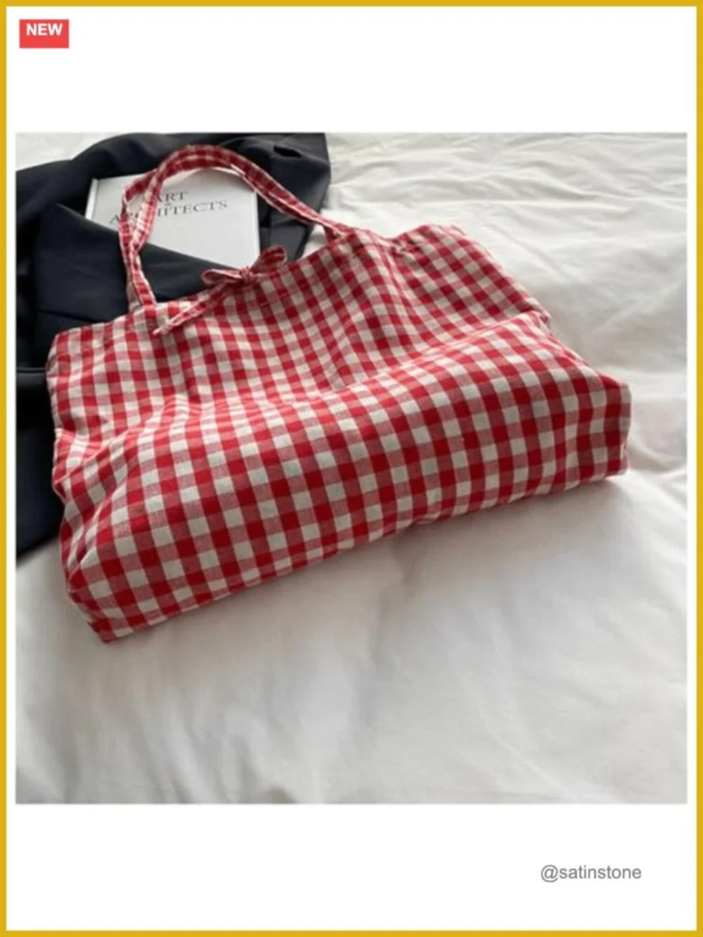 Gingham Canvas Tote Bag Large Capacity Casual Shoulder Bag